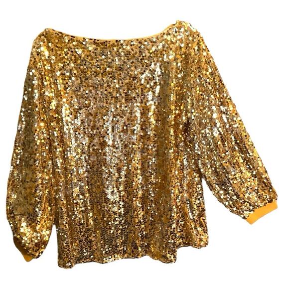 Thankpearl Gold Blouse Sequin Womens XL Sparkly Party Glam Boatneck Long Sleeve - Picture 6 of 8